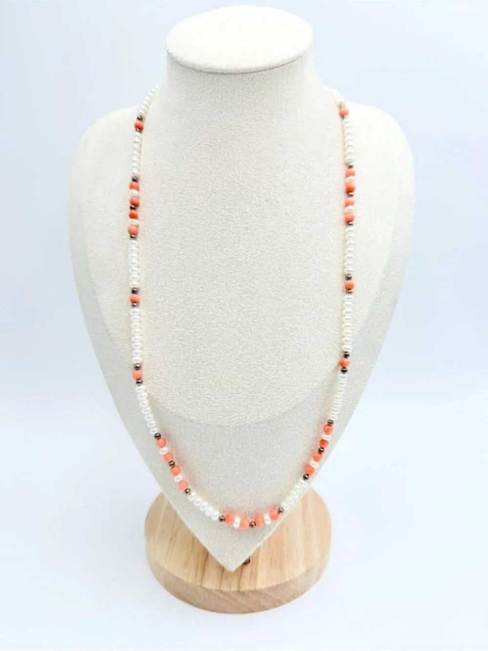 Genuine Freshwater Pearl & Pink Coral Bead Necklace White Pearl